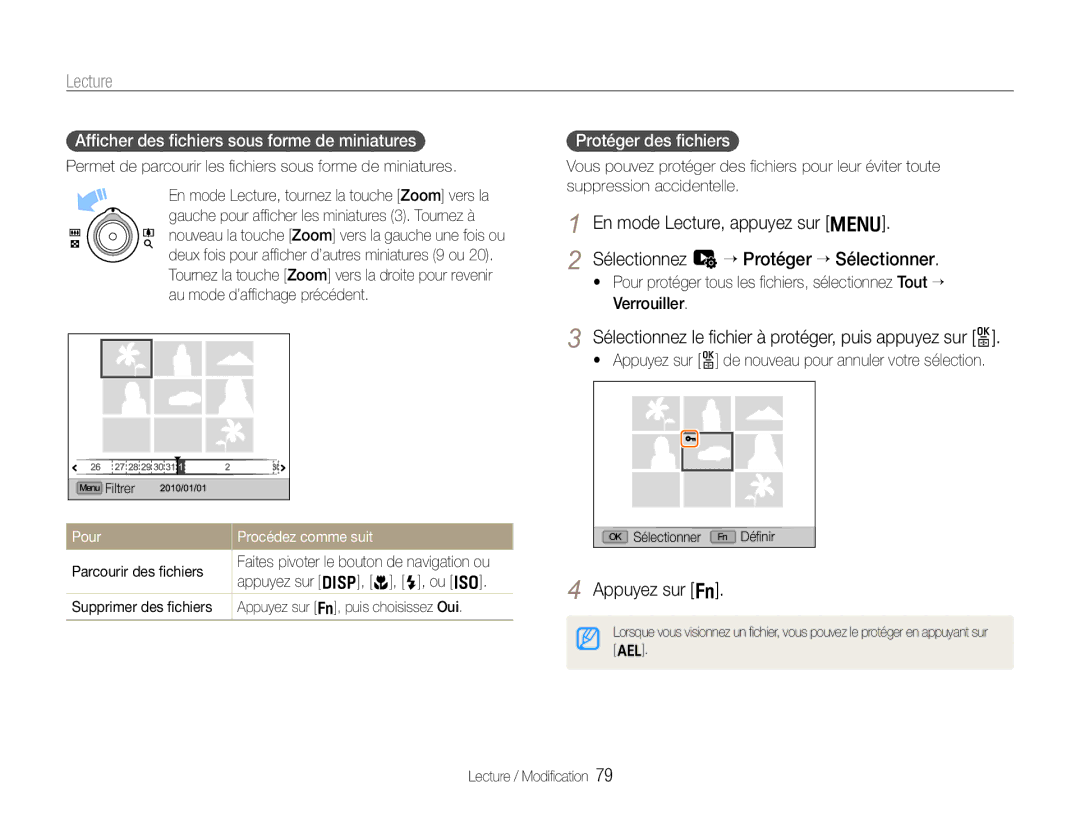 Samsung EC-EX1ZZZBPBIT Sélectionnez le ﬁchier à protéger, puis appuyez sur o, Afﬁcher des ﬁchiers sous forme de miniatures 