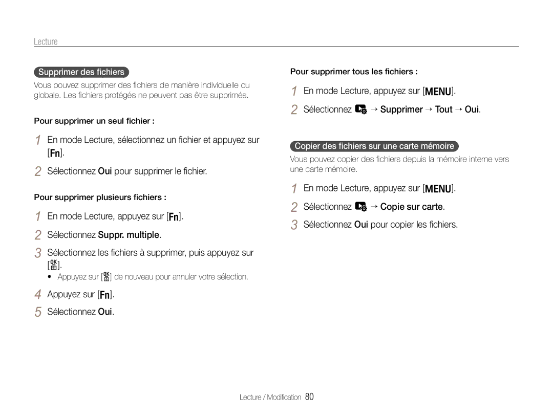 Samsung EC-EX1ZZZBPBE1 Appuyez sur f Sélectionnez Oui, Supprimer des ﬁchiers, Copier des ﬁchiers sur une carte mémoire 