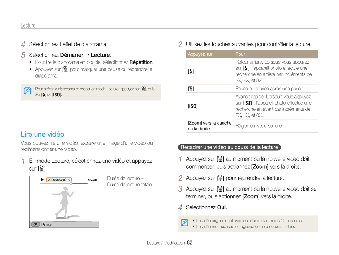 Samsung EC-EX1ZZZBPBIT Utilisez les touches suivantes pour contrôler la lecture, Appuyez sur o pour reprendre la lecture 