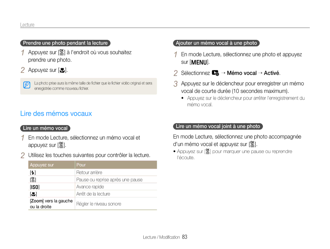 Samsung EC-EX1ZZZBPBE1 Lire des mémos vocaux, Sélectionnez u “ Mémo vocal “ Activé, Prendre une photo pendant la lecture 