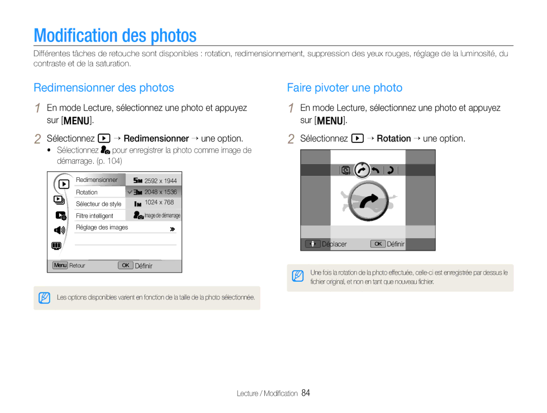 Samsung EC-EX1ZZZBPAGB, EC-EX1ZZZBPBE1 manual Modiﬁcation des photos, Redimensionner des photos, Faire pivoter une photo 