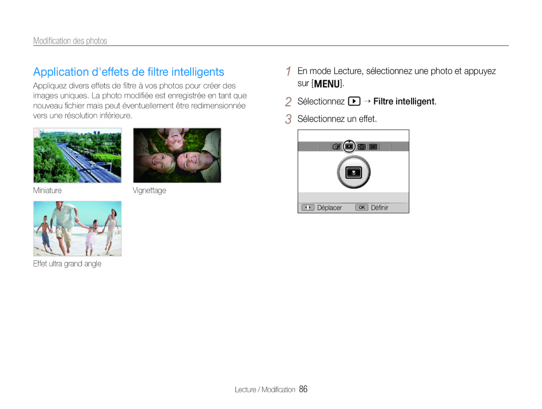 Samsung EC-EX1ZZZBPBE1 manual Application deffets de ﬁltre intelligents, Effet ultra grand angle Lecture / Modiﬁcation 
