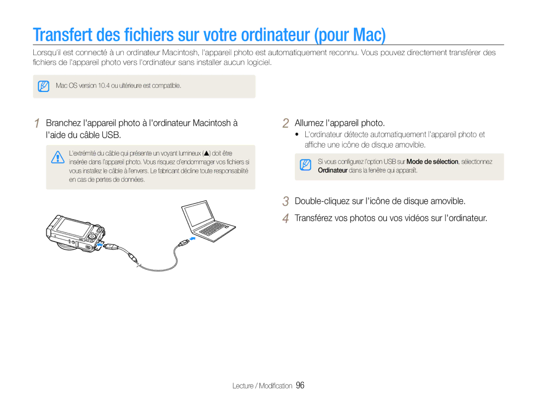 Samsung EC-EX1ZZZBPAGB, EC-EX1ZZZBPBE1, EC-EX1ZZZBPBIT manual Transfert des ﬁchiers sur votre ordinateur pour Mac 