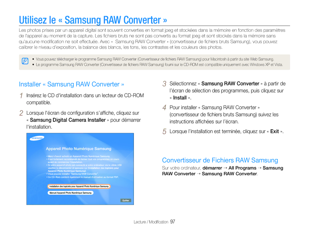 Samsung EC-EX1ZZZBPBIT, EC-EX1ZZZBPBE1 manual Utilisez le « Samsung RAW Converter », Installer « Samsung RAW Converter » 