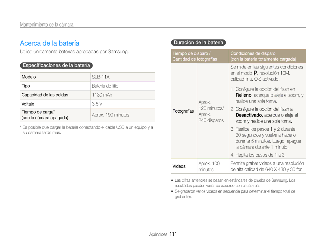 Samsung EC-EX1ZZZBPBE1, EC-EX1ZZZFPBE1 manual Acerca de la batería, Especiﬁcaciones de la batería, Duración de la batería 