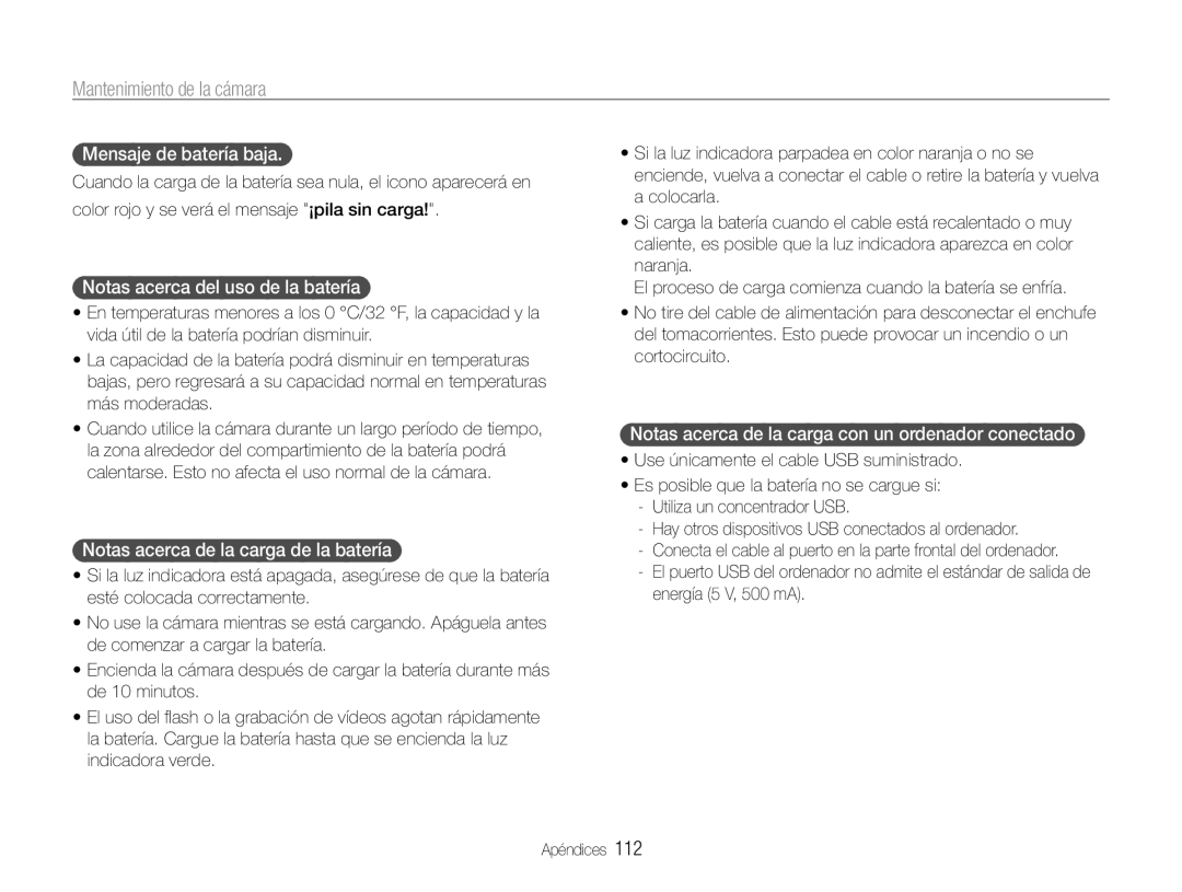 Samsung EC-EX1ZZZFPBE1 Mensaje de batería baja, Notas acerca del uso de la batería, Notas acerca de la carga de la batería 