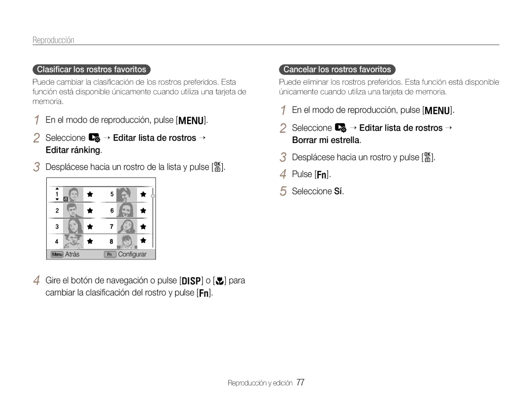 Samsung EC-EX1ZZZBPAIL, EC-EX1ZZZBPBE1 manual Reproducción, Clasiﬁcar los rostros favoritos, Cancelar los rostros favoritos 