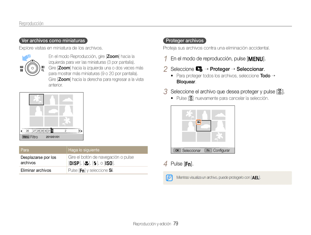 Samsung EC-EX1ZZZBPBE1 manual Seleccione el archivo que desea proteger y pulse o, Pulse f, Ver archivos como miniaturas 