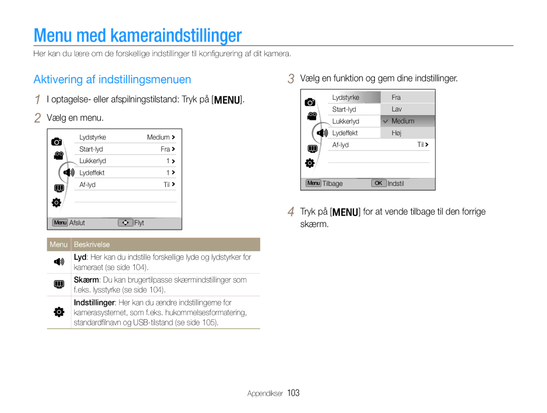 Samsung EC-EX1ZZZBPBE2, EC-EX1ZZZFPBE2 manual Menu med kameraindstillinger, Aktivering af indstillingsmenuen 