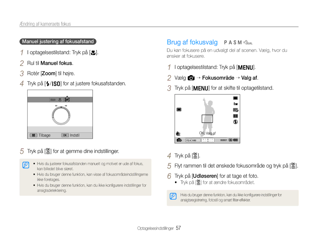 Samsung EC-EX1ZZZBPBE2 manual Brug af fokusvalg p a S M d, Ændring af kameraets fokus, Manuel justering af fokusafstand 