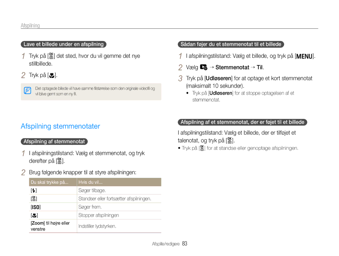 Samsung EC-EX1ZZZBPBE2 manual Afspilning stemmenotater, Lave et billede under en afspilning, Afspilning af stemmenotat 