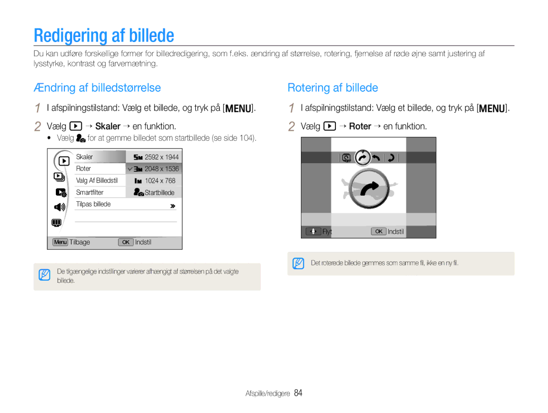 Samsung EC-EX1ZZZFPBE2, EC-EX1ZZZBPBE2 manual Redigering af billede, Ændring af billedstørrelse, Rotering af billede 