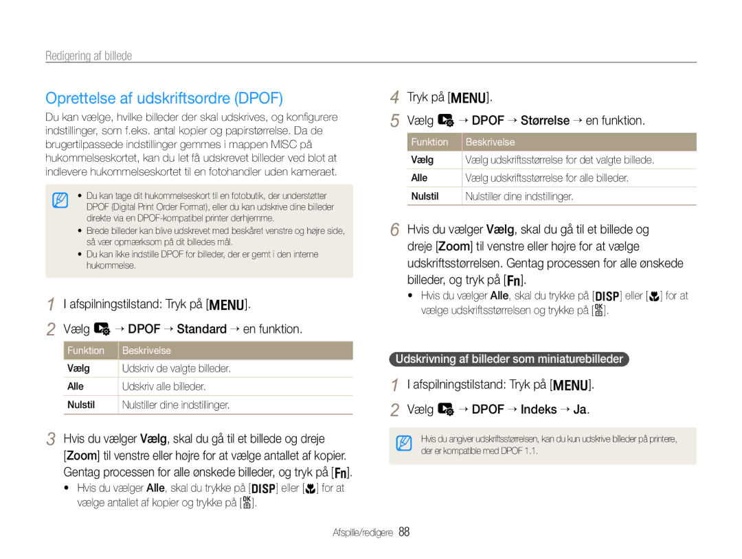 Samsung EC-EX1ZZZFPBE2, EC-EX1ZZZBPBE2 manual Oprettelse af udskriftsordre Dpof, Vælg u “ Dpof “ Størrelse “ en funktion 