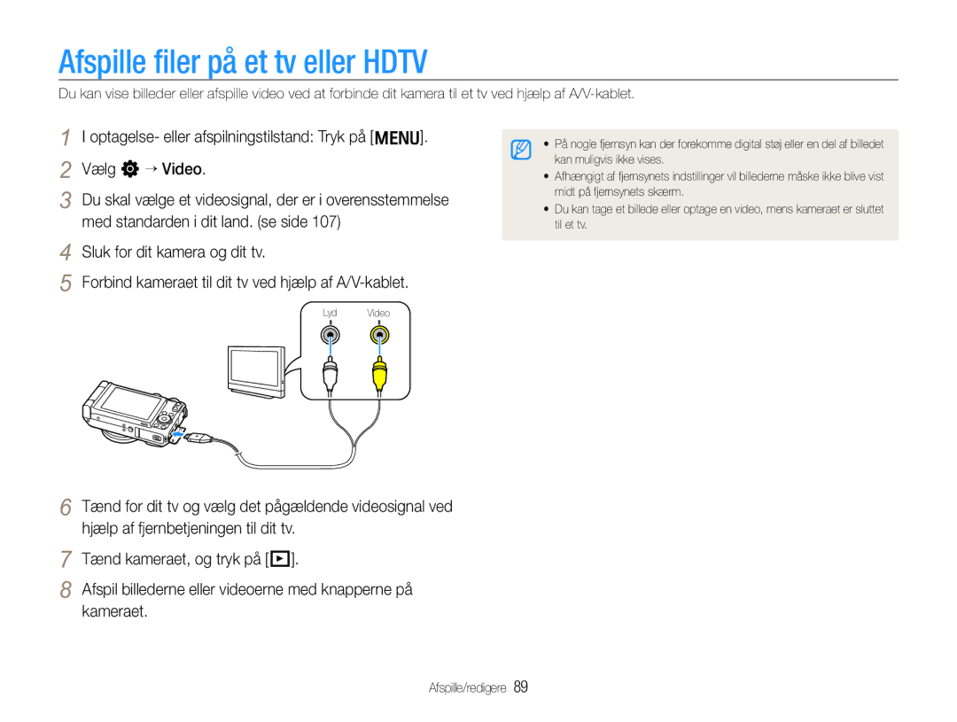 Samsung EC-EX1ZZZBPBE2, EC-EX1ZZZFPBE2 manual Afspille ﬁler på et tv eller Hdtv, Vælg n “ Video 