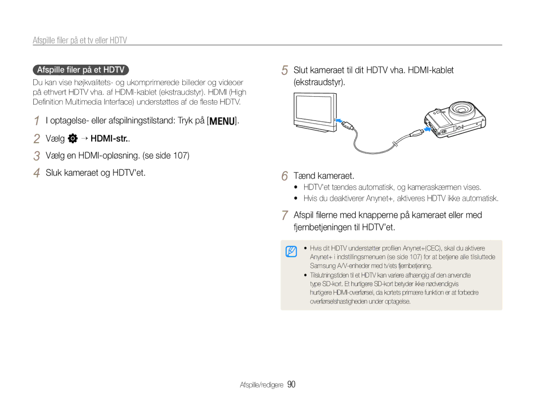 Samsung EC-EX1ZZZFPBE2, EC-EX1ZZZBPBE2 manual Afspille ﬁler på et tv eller Hdtv, Afspille ﬁler på et Hdtv 