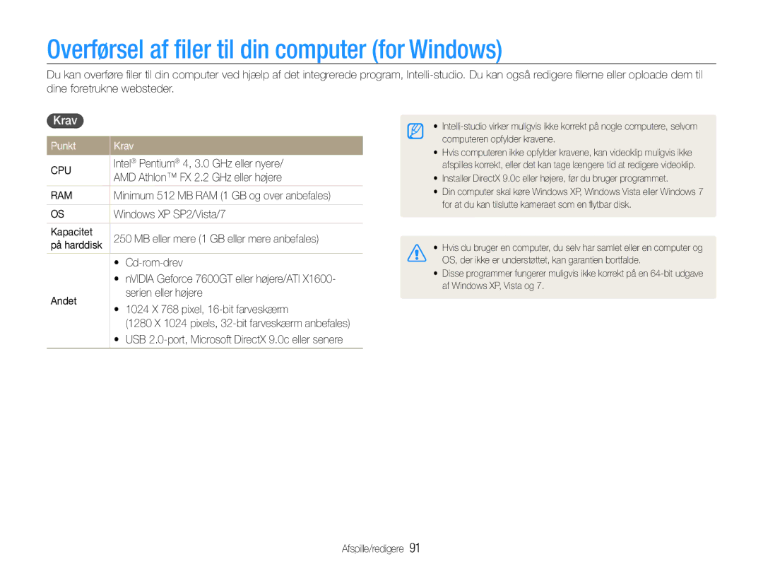 Samsung EC-EX1ZZZBPBE2, EC-EX1ZZZFPBE2 manual Overførsel af ﬁler til din computer for Windows, Punkt Krav 