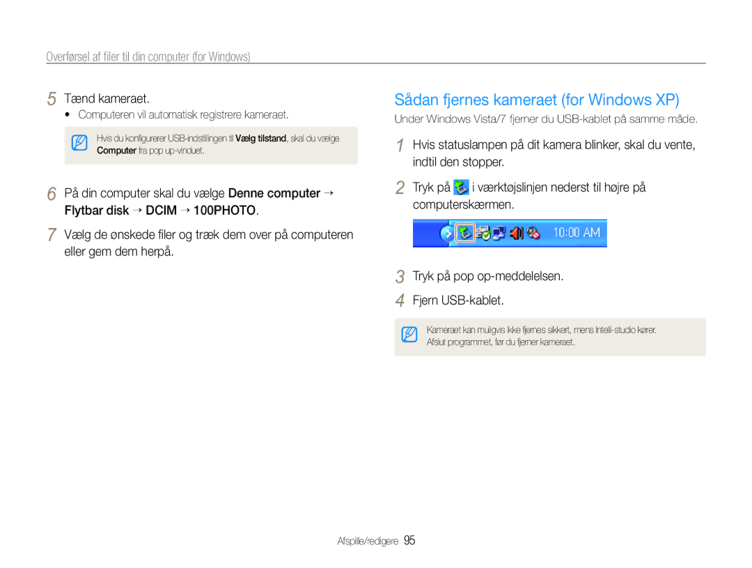 Samsung EC-EX1ZZZBPBE2 Sådan fjernes kameraet for Windows XP, Under Windows Vista/7 fjerner du USB-kablet på samme måde 