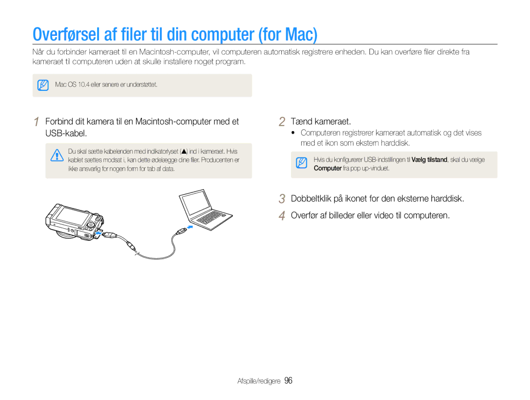 Samsung EC-EX1ZZZFPBE2, EC-EX1ZZZBPBE2 manual Overførsel af ﬁler til din computer for Mac 