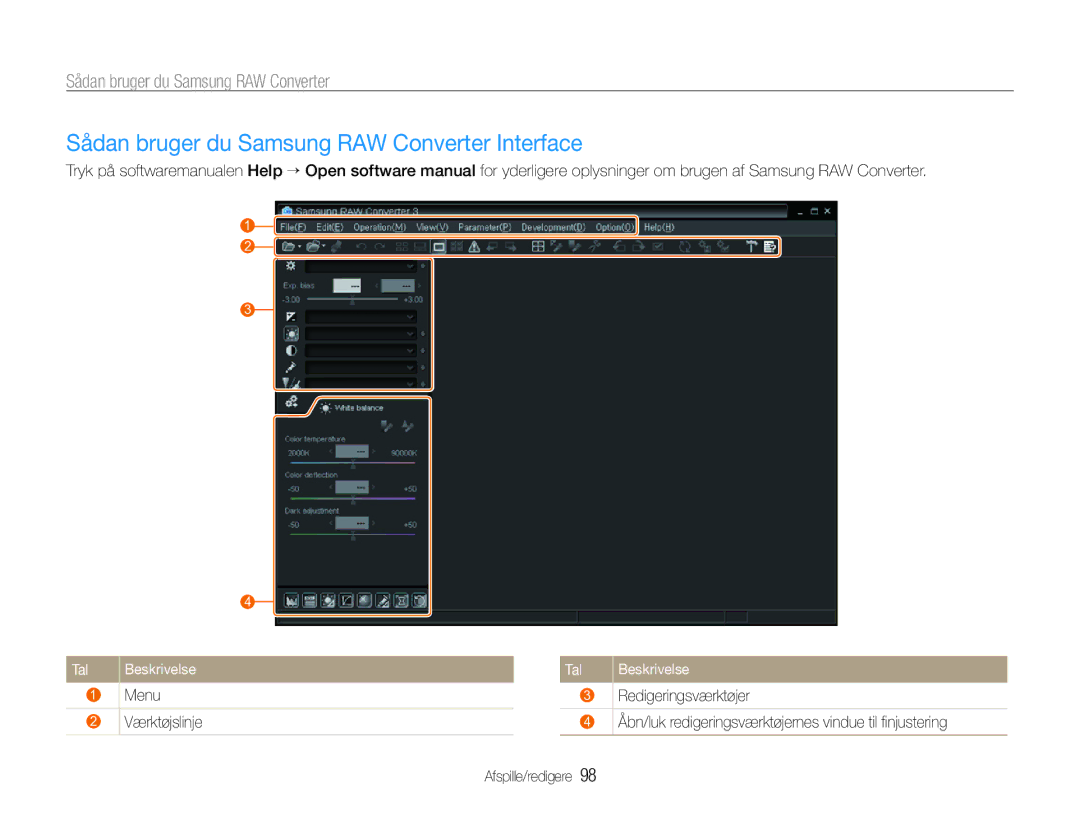 Samsung EC-EX1ZZZFPBE2 manual Sådan bruger du Samsung RAW Converter Interface, Menu Redigeringsværktøjer Værktøjslinje 