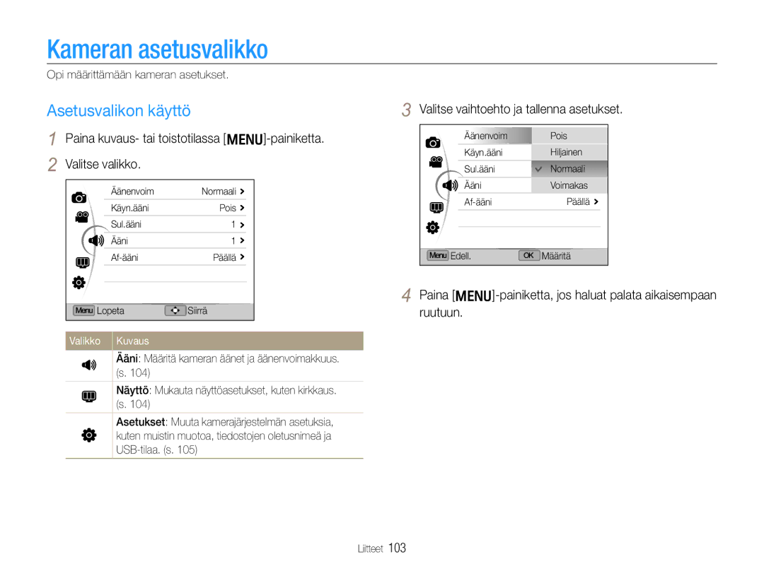 Samsung EC-EX1ZZZBPBE2 manual Kameran asetusvalikko, Asetusvalikon käyttö, Valitse vaihtoehto ja tallenna asetukset 