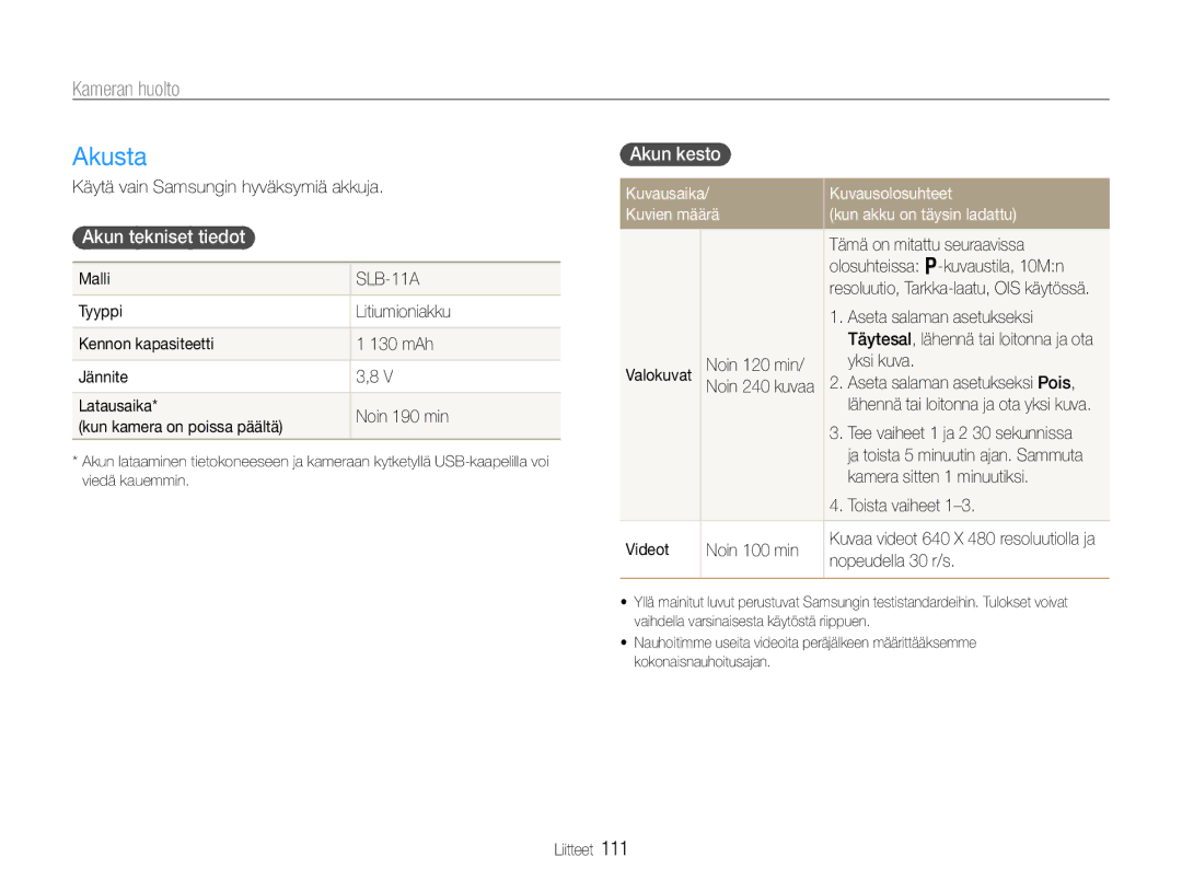 Samsung EC-EX1ZZZBPBE2, EC-EX1ZZZFPBE2 manual Akusta, Akun tekniset tiedot, Akun kesto 