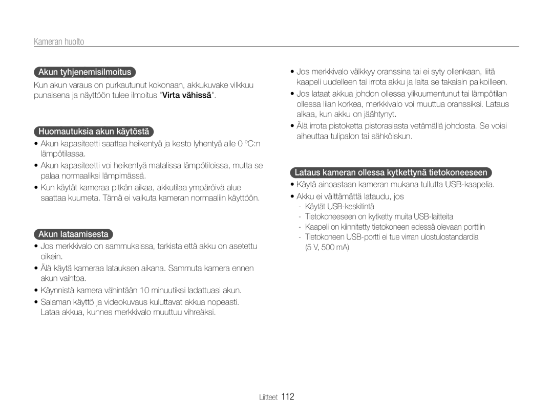 Samsung EC-EX1ZZZFPBE2, EC-EX1ZZZBPBE2 manual Akun tyhjenemisilmoitus, Huomautuksia akun käytöstä, Akun lataamisesta 