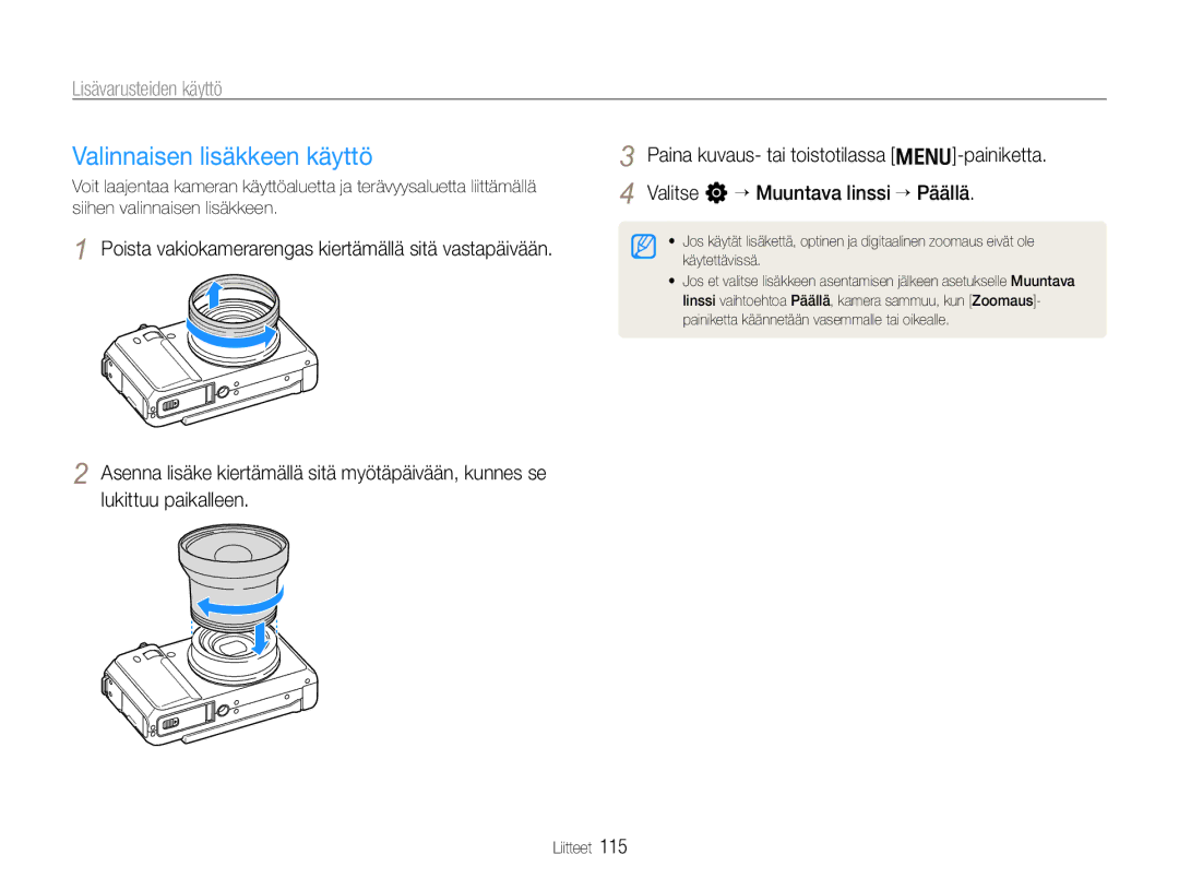 Samsung EC-EX1ZZZBPBE2, EC-EX1ZZZFPBE2 manual Valinnaisen lisäkkeen käyttö, Lisävarusteiden käyttö 