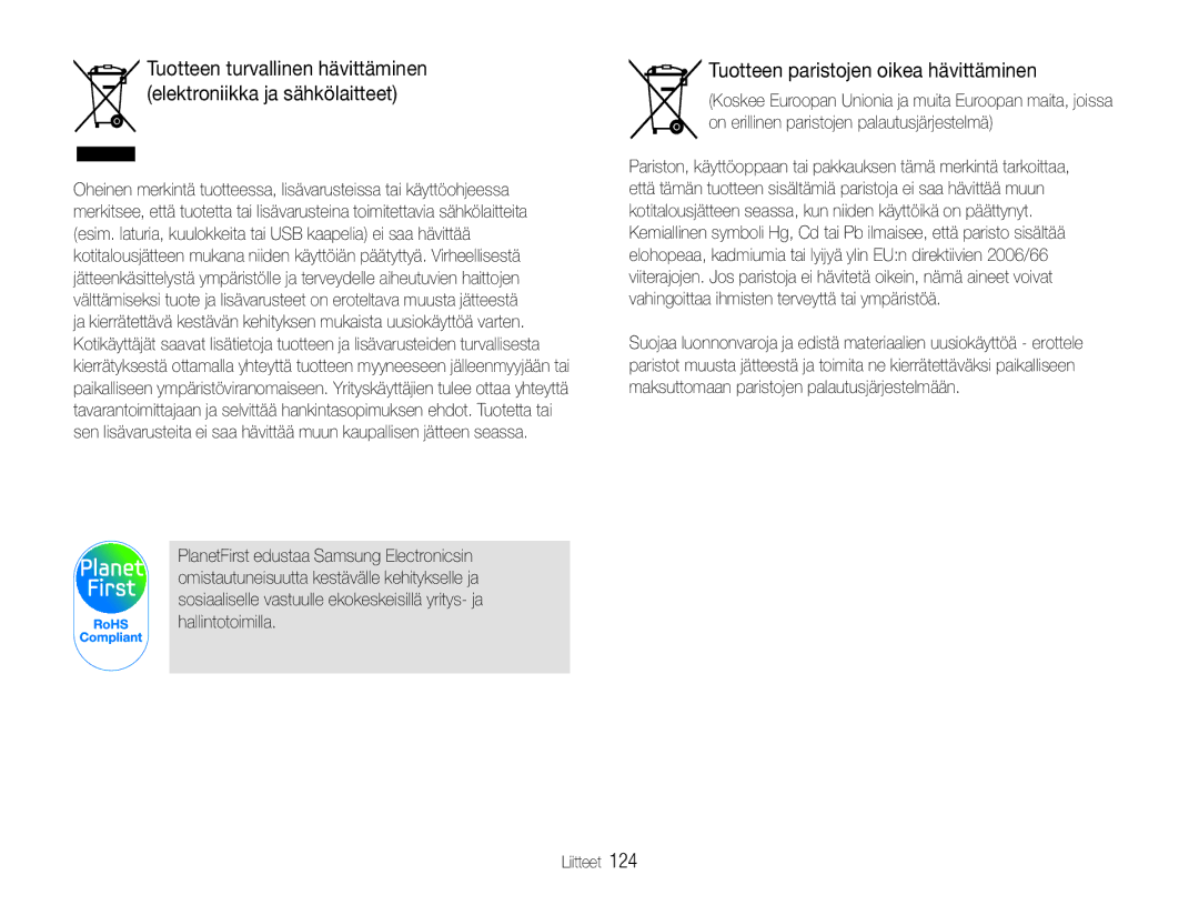 Samsung EC-EX1ZZZFPBE2, EC-EX1ZZZBPBE2 manual Tuotteen paristojen oikea hävittäminen 