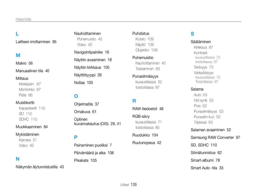 Samsung EC-EX1ZZZFPBE2, EC-EX1ZZZBPBE2 manual Hakemisto 