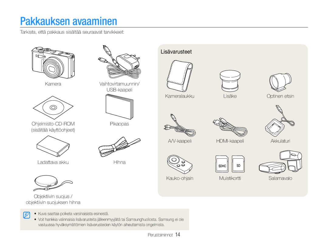 Samsung EC-EX1ZZZFPBE2, EC-EX1ZZZBPBE2 manual Pakkauksen avaaminen, Lisävarusteet 