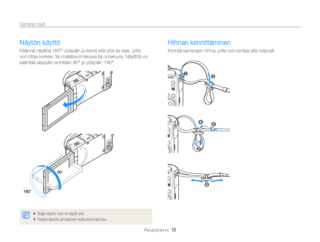 Samsung EC-EX1ZZZFPBE2, EC-EX1ZZZBPBE2 manual Näytön käyttö, Kiinnitä kameraan hihna, jotta voit kantaa sitä helposti 