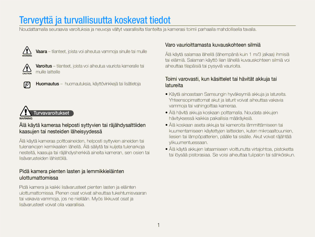 Samsung EC-EX1ZZZBPBE2, EC-EX1ZZZFPBE2 manual Varo vaurioittamasta kuvauskohteen silmiä, Turvavaroitukset 