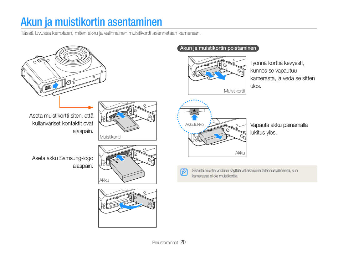 Samsung EC-EX1ZZZFPBE2, EC-EX1ZZZBPBE2 Akun ja muistikortin asentaminen, Lukitus ylös, Akun ja muistikortin poistaminen 