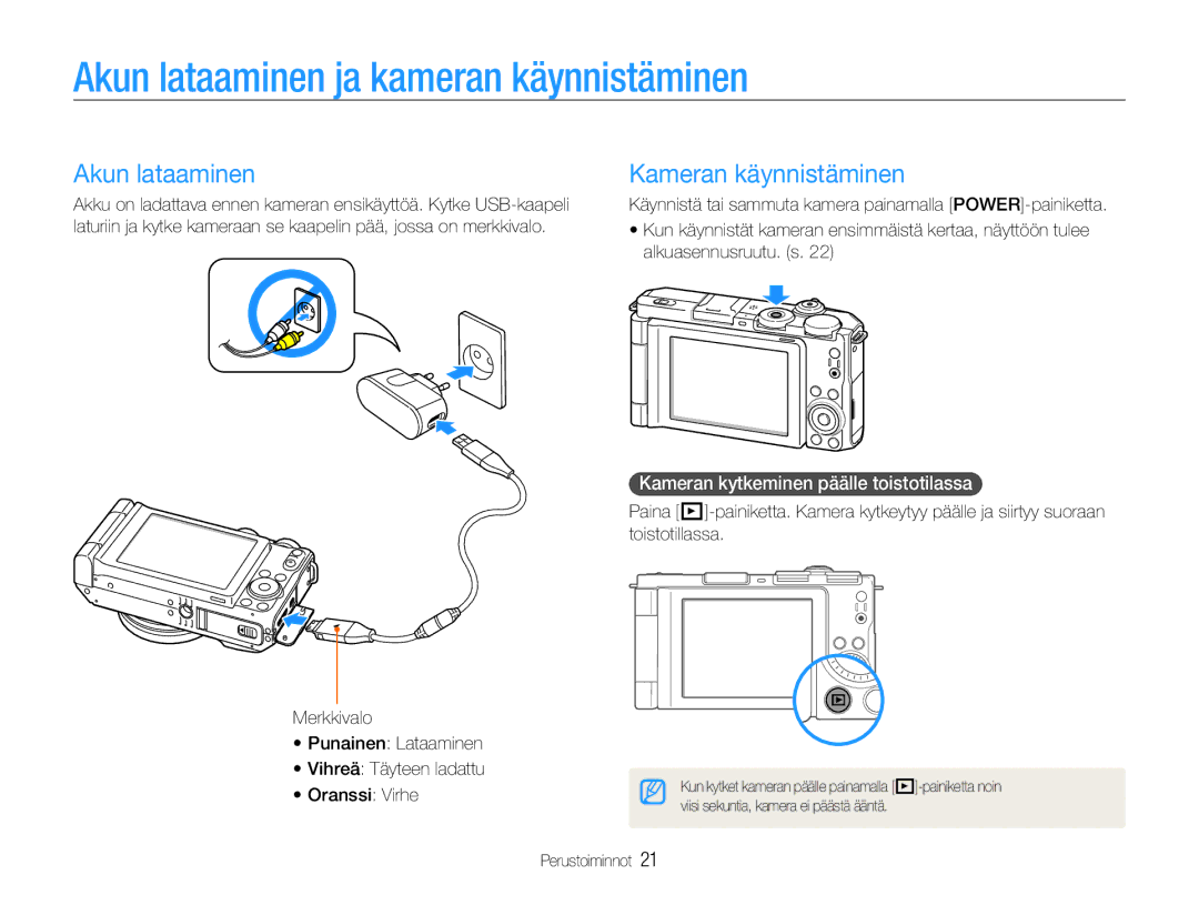 Samsung EC-EX1ZZZBPBE2 manual Akun lataaminen ja kameran käynnistäminen, Kameran käynnistäminen, Alkuasennusruutu. s 