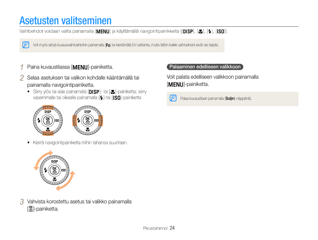 Samsung EC-EX1ZZZFPBE2, EC-EX1ZZZBPBE2 Asetusten valitseminen, Voit palata edelliseen valikkoon painamalla m-painiketta 