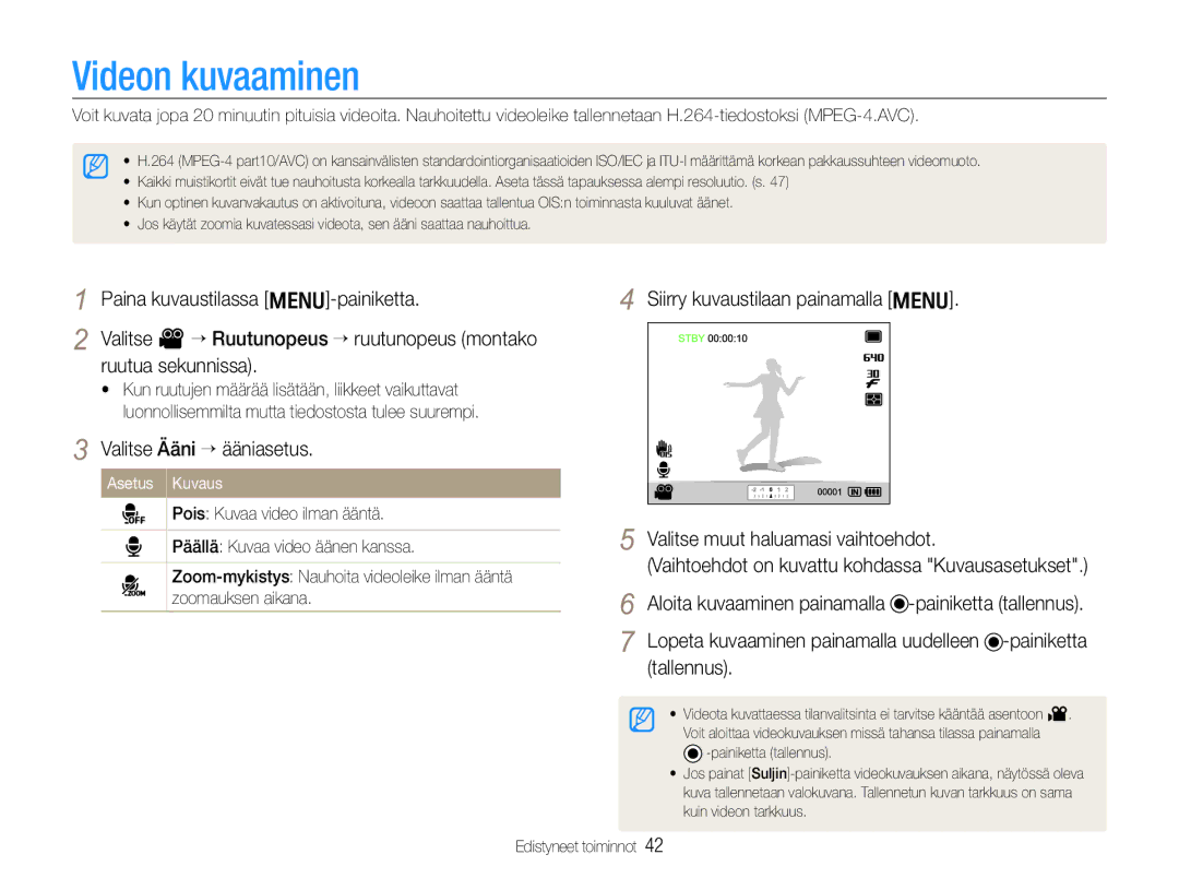 Samsung EC-EX1ZZZFPBE2, EC-EX1ZZZBPBE2 manual Videon kuvaaminen, Paina kuvaustilassa m-painiketta, Valitse Ääni ““ääniasetus 