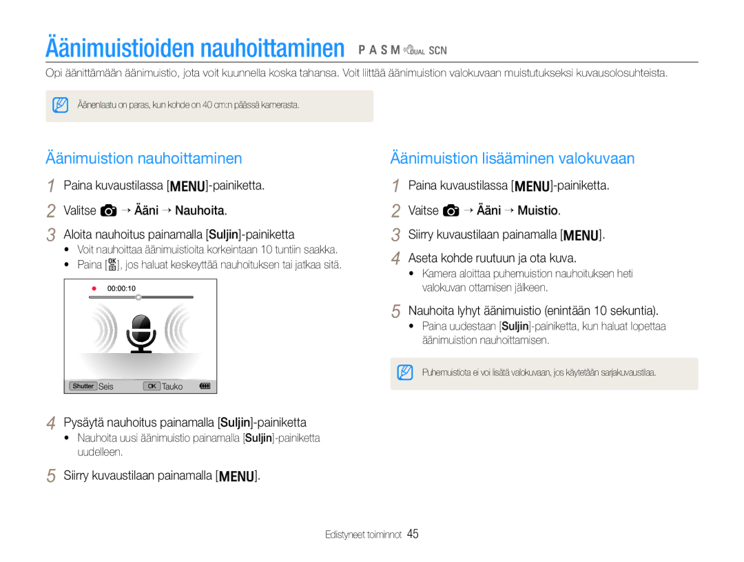 Samsung EC-EX1ZZZBPBE2, EC-EX1ZZZFPBE2 manual Äänimuistioiden nauhoittaminen p a S M d s, Äänimuistion nauhoittaminen 