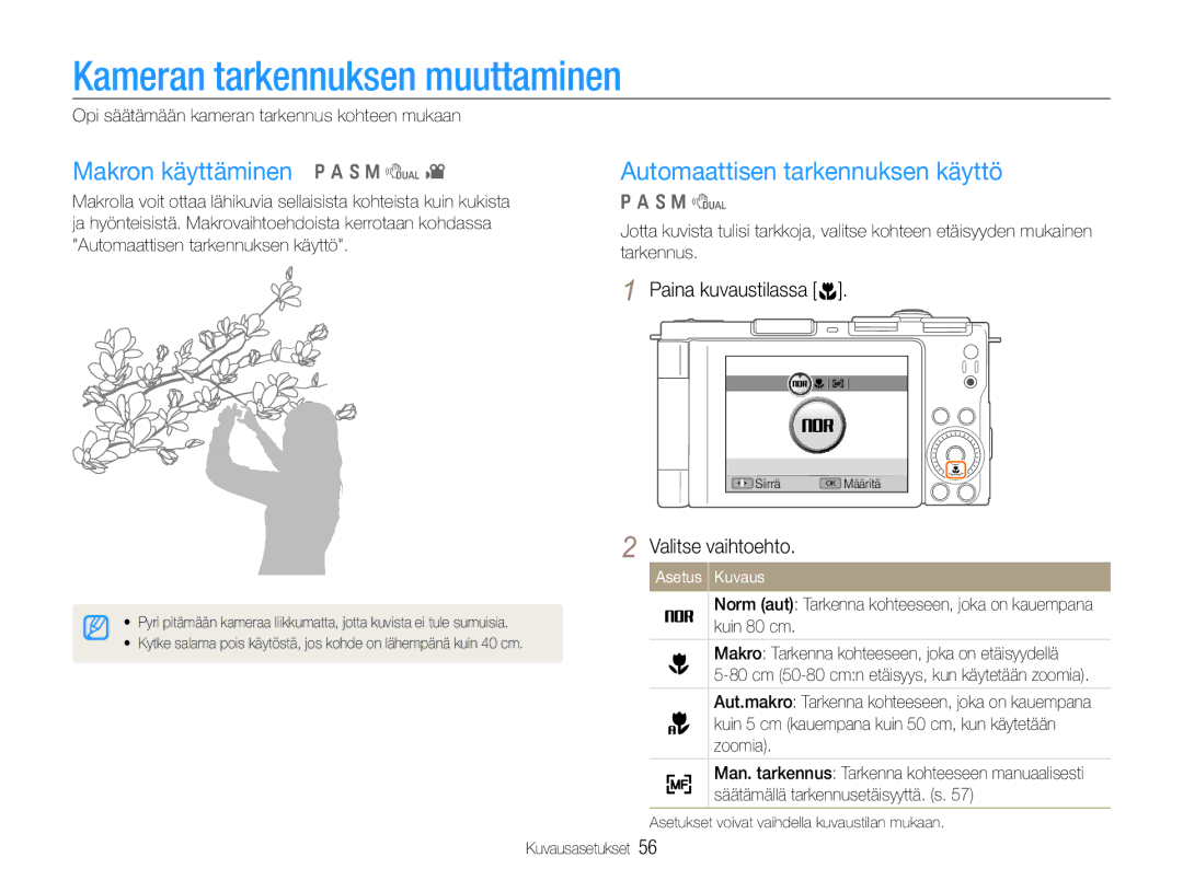 Samsung EC-EX1ZZZFPBE2 Kameran tarkennuksen muuttaminen, Makron käyttäminen p a S M d, Automaattisen tarkennuksen käyttö 