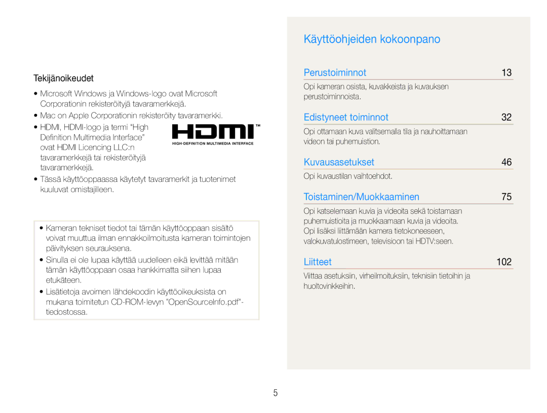 Samsung EC-EX1ZZZBPBE2, EC-EX1ZZZFPBE2 manual Käyttöohjeiden kokoonpano, Tekijänoikeudet, 102 