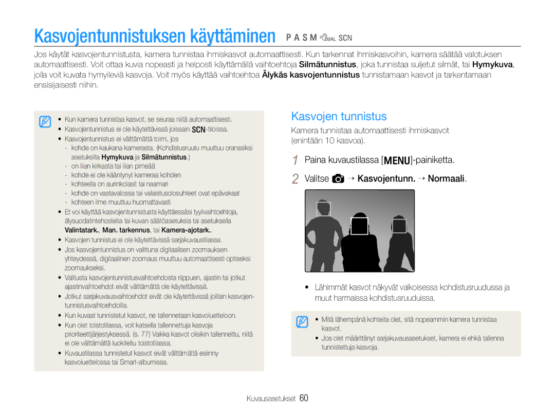 Samsung EC-EX1ZZZFPBE2, EC-EX1ZZZBPBE2 manual Kasvojentunnistuksen käyttäminen p a S M d s, Kasvojen tunnistus 