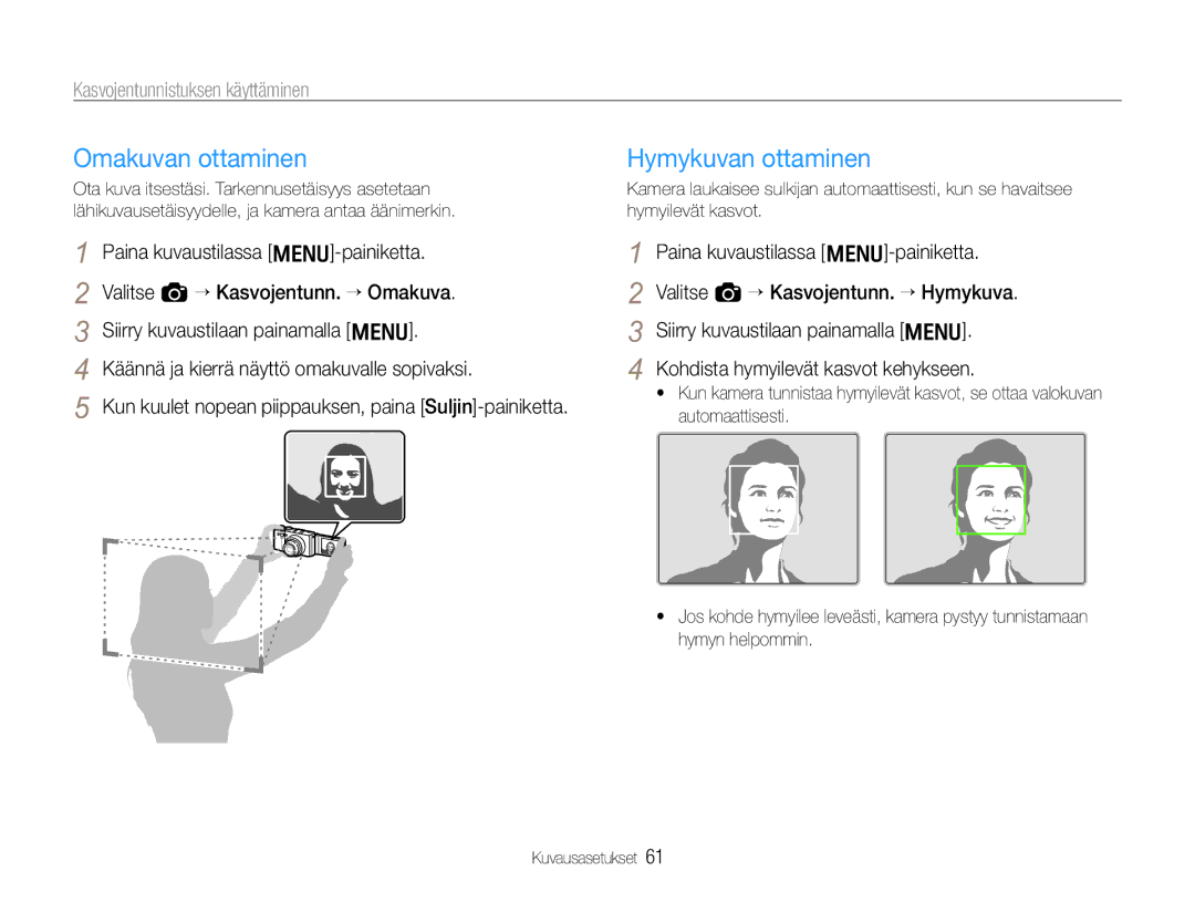 Samsung EC-EX1ZZZBPBE2, EC-EX1ZZZFPBE2 manual Omakuvan ottaminen, Kasvojentunnistuksen käyttäminen 