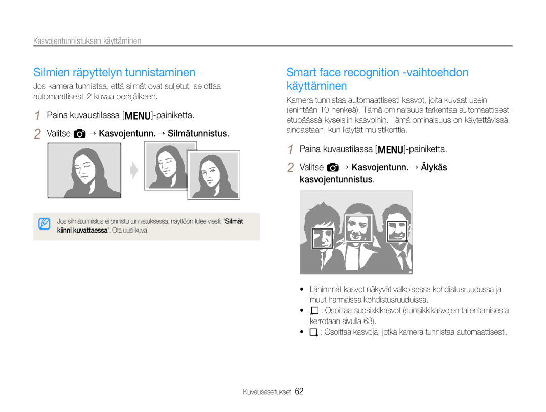 Samsung EC-EX1ZZZFPBE2, EC-EX1ZZZBPBE2 Silmien räpyttelyn tunnistaminen, Smart face recognition -vaihtoehdon käyttäminen 