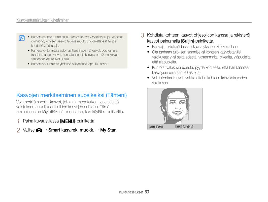 Samsung EC-EX1ZZZBPBE2, EC-EX1ZZZFPBE2 manual Kasvojen merkitseminen suosikeiksi Tähteni 