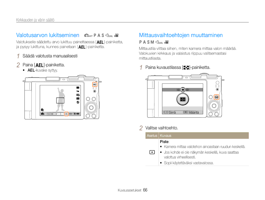 Samsung EC-EX1ZZZFPBE2 Valotusarvon lukitseminen t p a S d, Mittausvaihtoehtojen muuttaminen, Kirkkauden ja värin säätö 