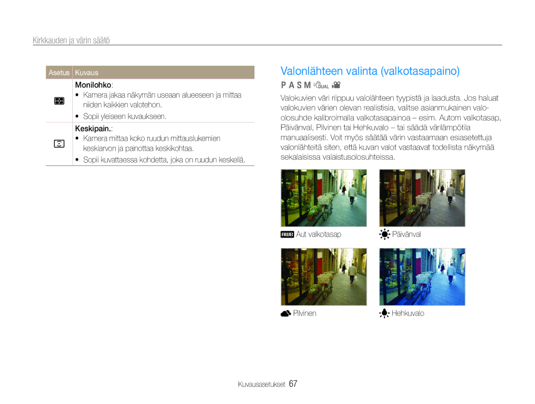 Samsung EC-EX1ZZZBPBE2 manual Valonlähteen valinta valkotasapaino,  Sopii kuvattaessa kohdetta, joka on ruudun keskellä 