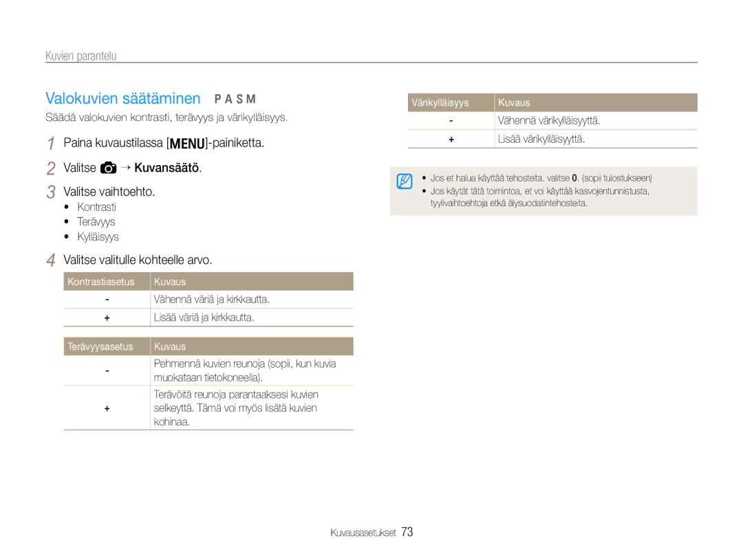 Samsung EC-EX1ZZZBPBE2, EC-EX1ZZZFPBE2 manual Värikylläisyys, Vähennä värikylläisyyttä + Lisää värikylläisyyttä 