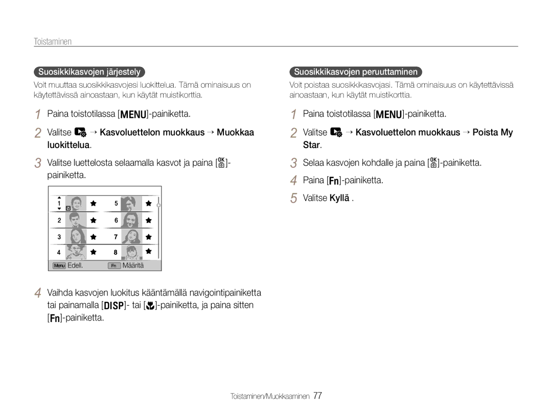 Samsung EC-EX1ZZZBPBE2, EC-EX1ZZZFPBE2 manual Toistaminen, Suosikkikasvojen järjestely, Suosikkikasvojen peruuttaminen 