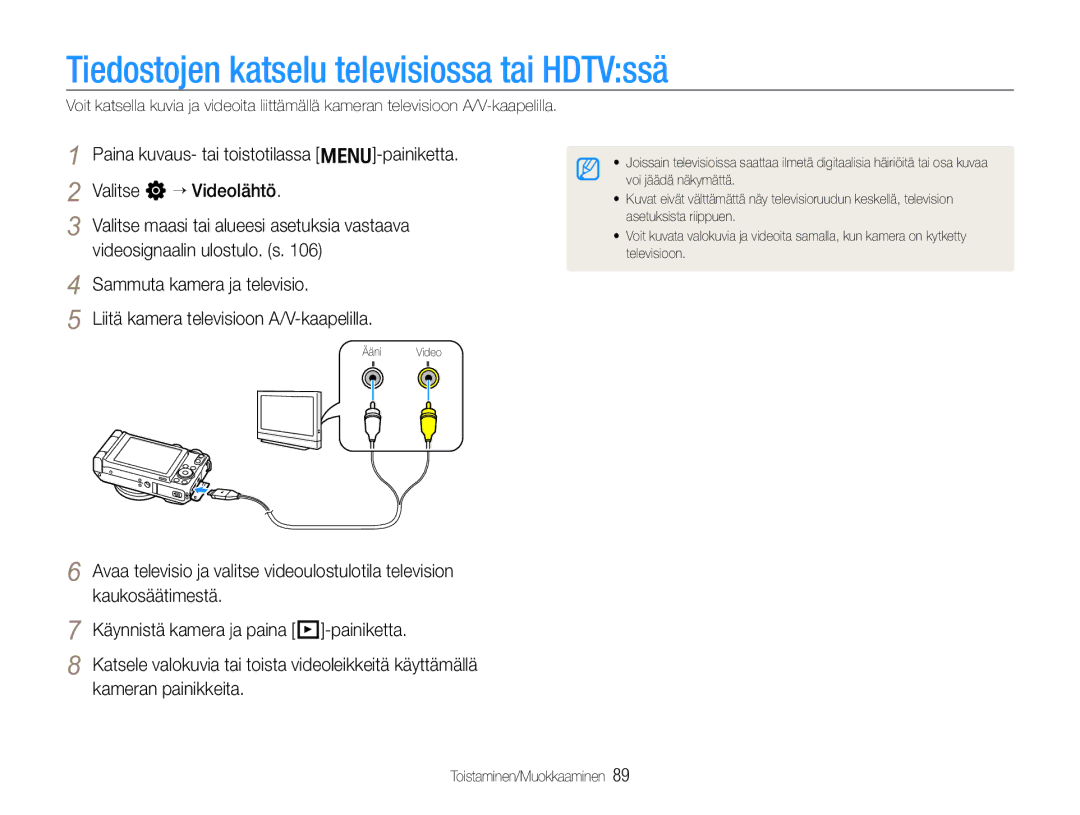 Samsung EC-EX1ZZZBPBE2, EC-EX1ZZZFPBE2 manual Tiedostojen katselu televisiossa tai HDTVssä, Valitse n “ Videolähtö 