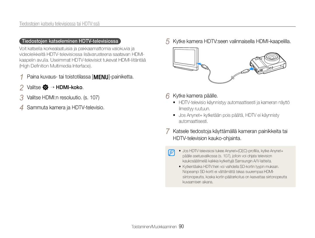 Samsung EC-EX1ZZZFPBE2 manual Tiedostojen katselu televisiossa tai HDTVssä, Tiedostojen katseleminen HDTV-televisiossa 