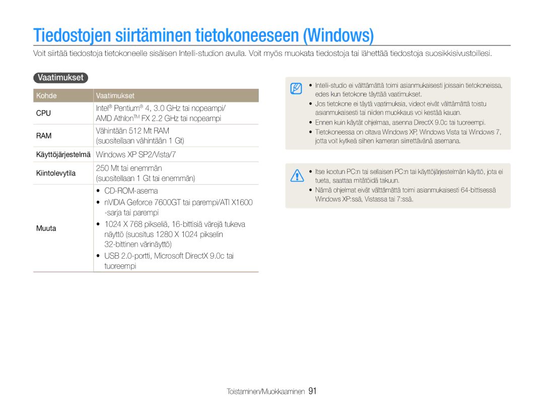 Samsung EC-EX1ZZZBPBE2, EC-EX1ZZZFPBE2 manual Tiedostojen siirtäminen tietokoneeseen Windows, Kohde Vaatimukset 